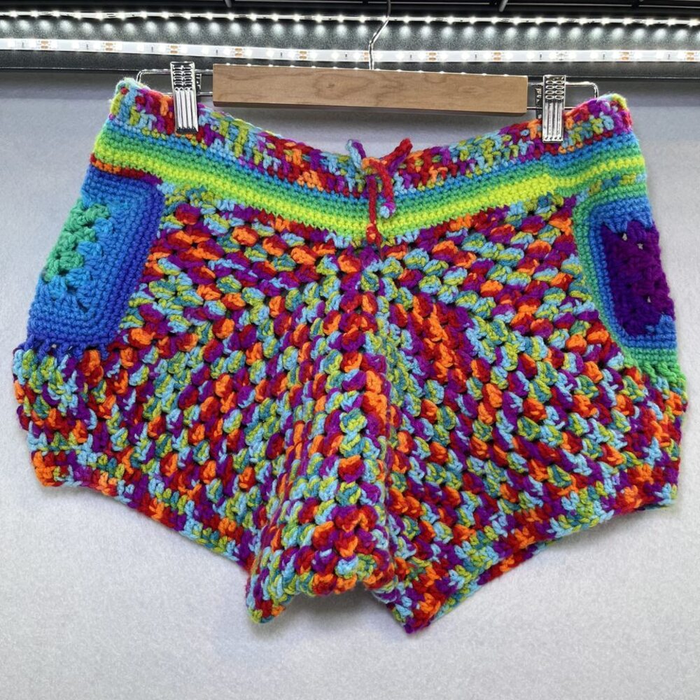 Crochet shorts waist tie rainbow multi-color festival unisex Pride, Music